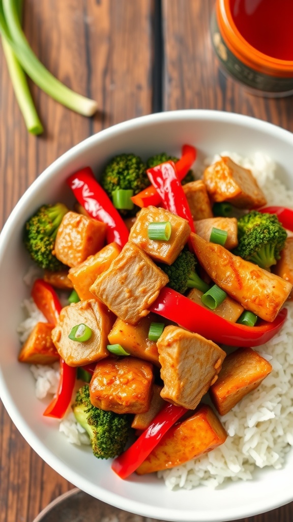 A bowl of pork stir fry with pork, vegetables, and rice on a wooden table.